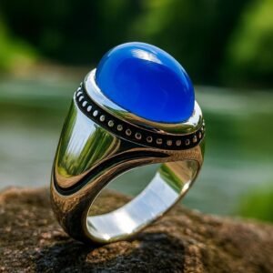 Handmade Sterling Silver Blue Agate Ring: Islamic Aqeeq Style