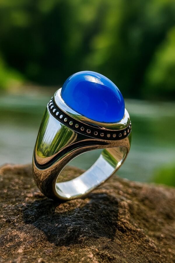 Handmade Sterling Silver Blue Agate Ring: Islamic Aqeeq Style
