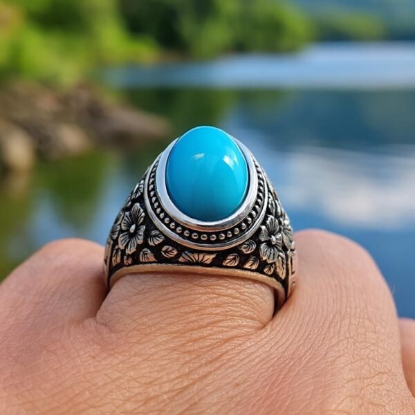 Handmade Sterling Silver Turquoise Ring: Islamic Style Engraved Band - Image 3