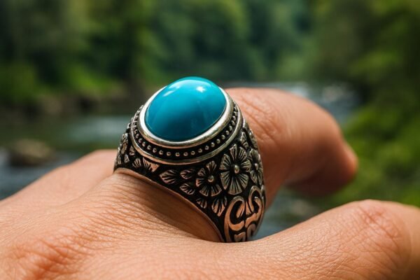 Handmade Sterling Silver Turquoise Ring: Islamic Style Engraved Band