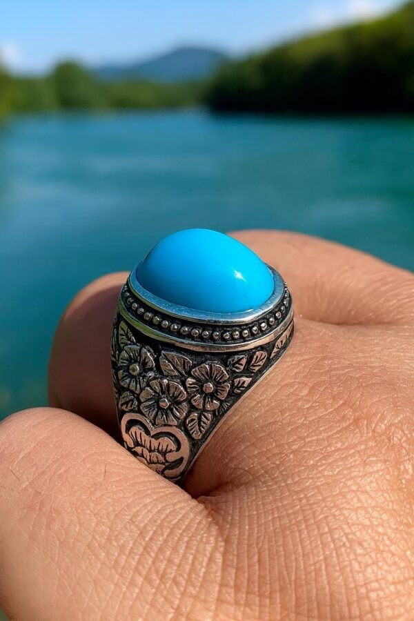 Handmade Sterling Silver Turquoise Ring: Islamic Style Engraved Band - Image 4