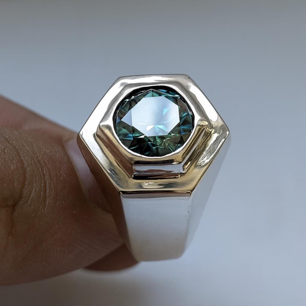 Green Moissanite Ring: Bold Silver Band, Unique Men's Jewelry - Image 2