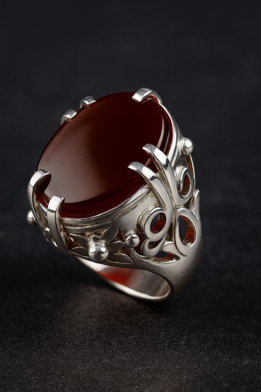 Yemeni Aqeeq Ring: Sterling Silver, Dark Red Carnelian, Handmade Islamic Jewelry - Image 2
