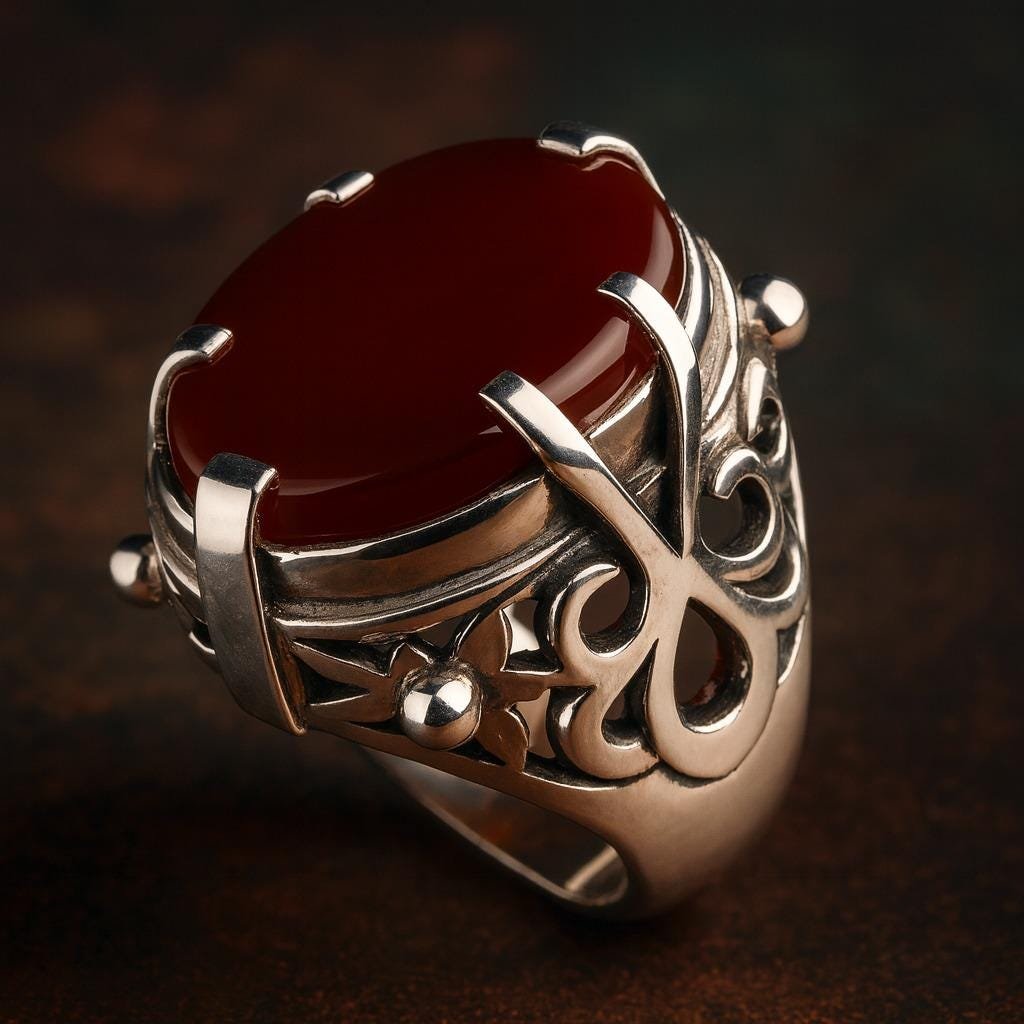 Yemeni Aqeeq Ring: Sterling Silver, Dark Red Carnelian, Handmade Islamic Jewelry - Image 5