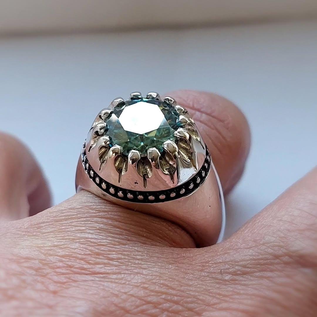 Handcrafted Men’s Green Moissanite Ring – Oxidized Sterling Silver - Image 3