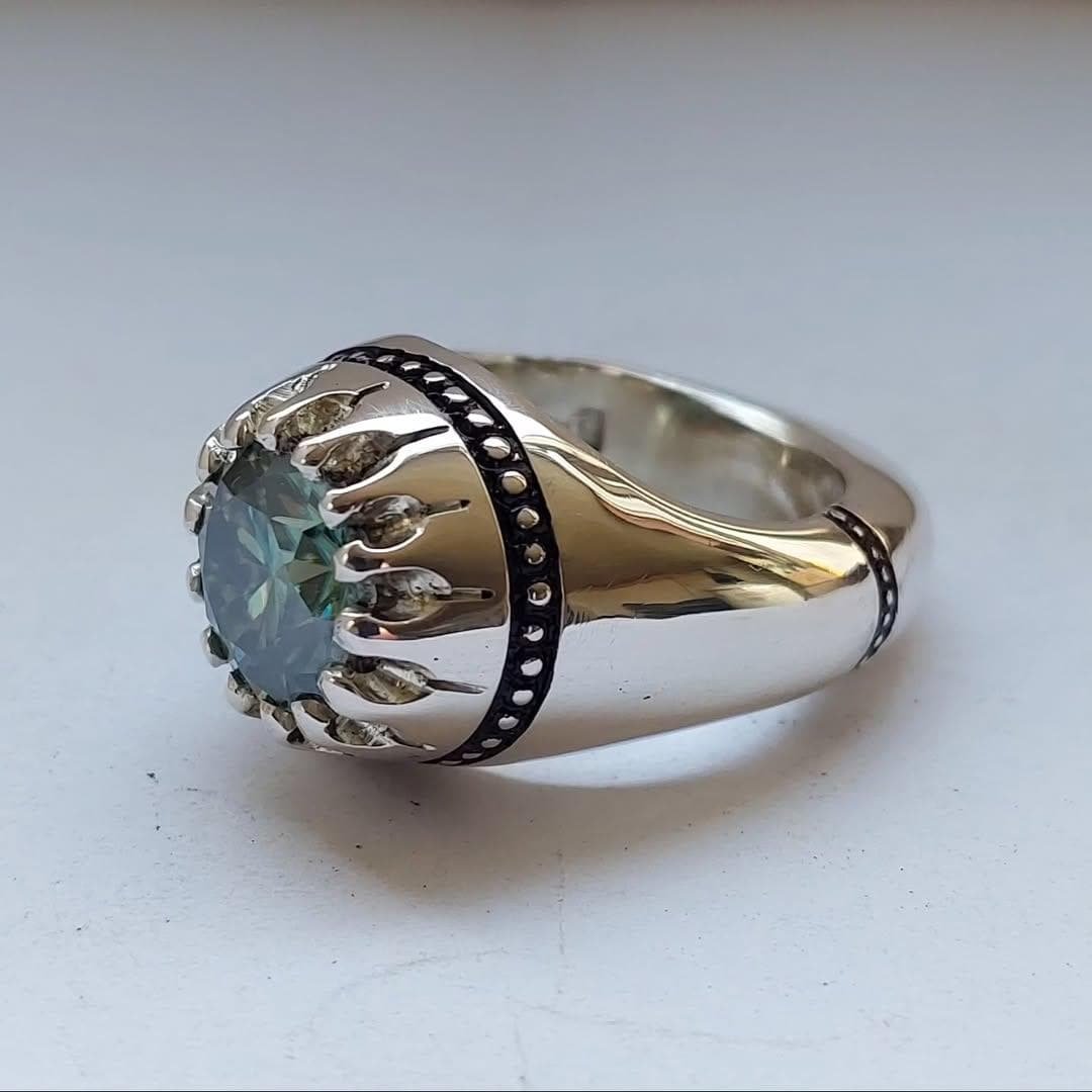 Handcrafted Men’s Green Moissanite Ring – Oxidized Sterling Silver - Image 4
