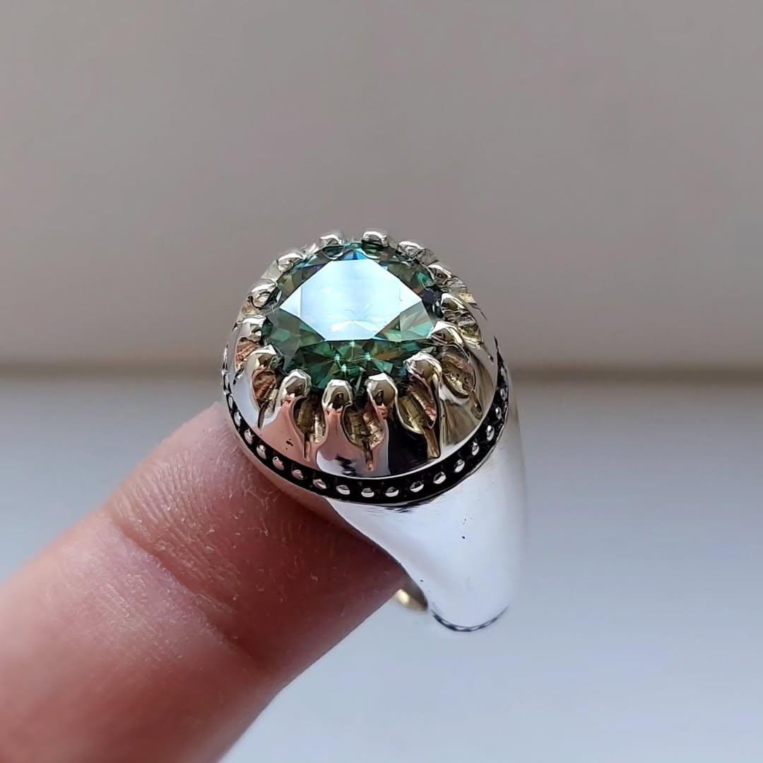 Handcrafted Men’s Green Moissanite Ring – Oxidized Sterling Silver - Image 7
