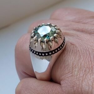 Handcrafted Men’s Green Moissanite Ring – Oxidized Sterling Silver