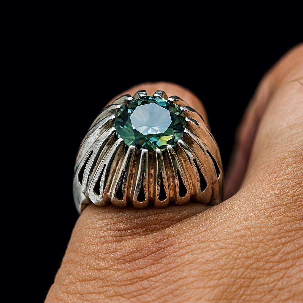 Men's Sterling Silver Green Moissanite Statement Ring: Vintage Cocktail Style - Image 2