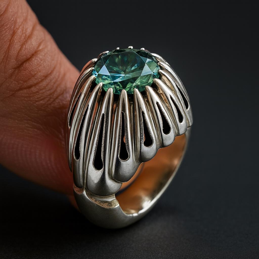 Men's Sterling Silver Green Moissanite Statement Ring: Vintage Cocktail Style - Image 4