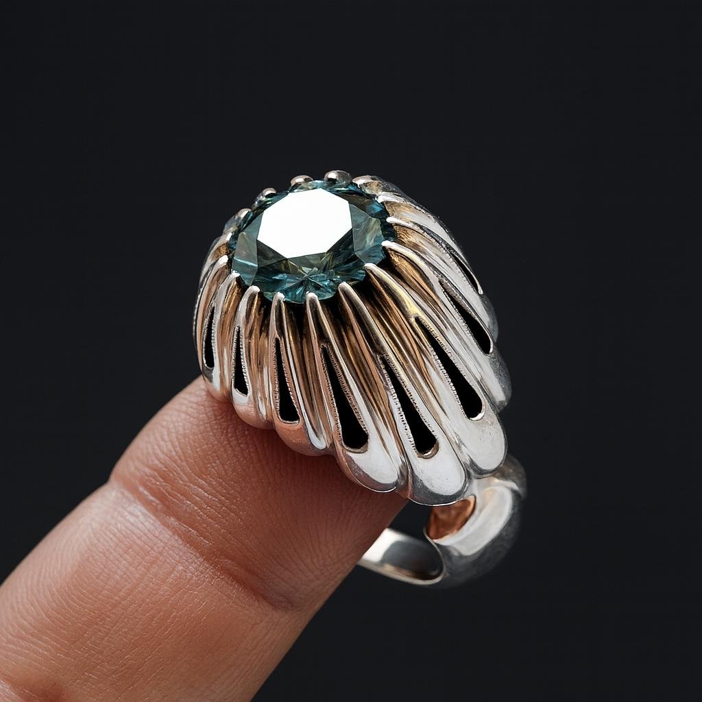 Men's Sterling Silver Green Moissanite Statement Ring: Vintage Cocktail Style - Image 6