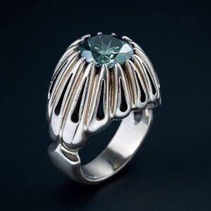 Men's Sterling Silver Green Moissanite Statement Ring: Vintage Cocktail Style