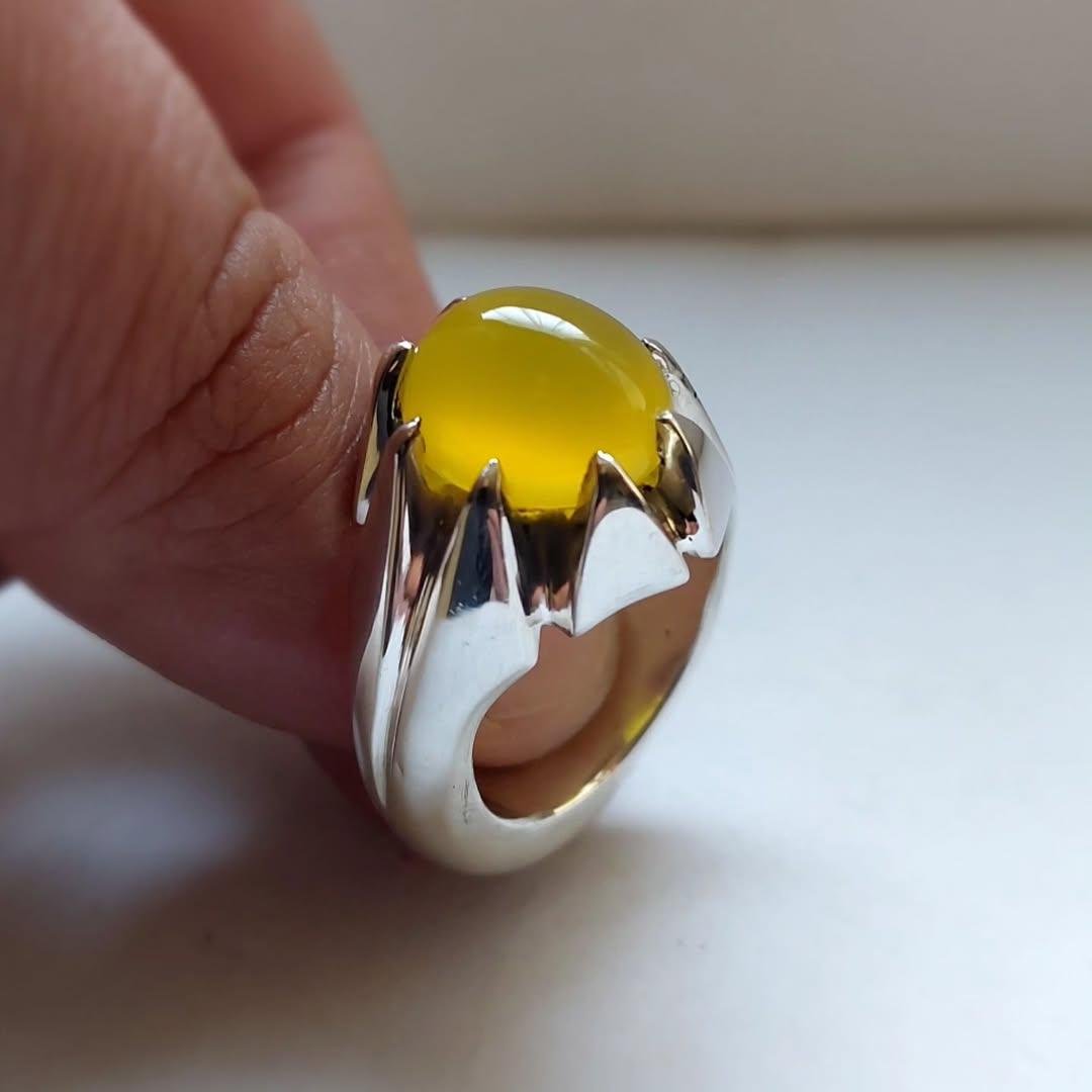Yellow Agate Statement Ring: Handmade Silver Unisex Healing Crystal - Image 6