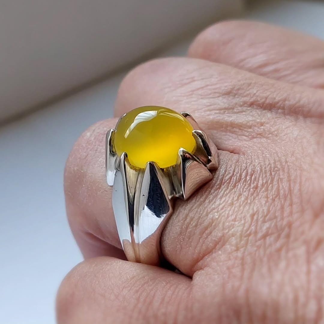 Yellow Agate Statement Ring: Handmade Silver Unisex Healing Crystal - Image 2