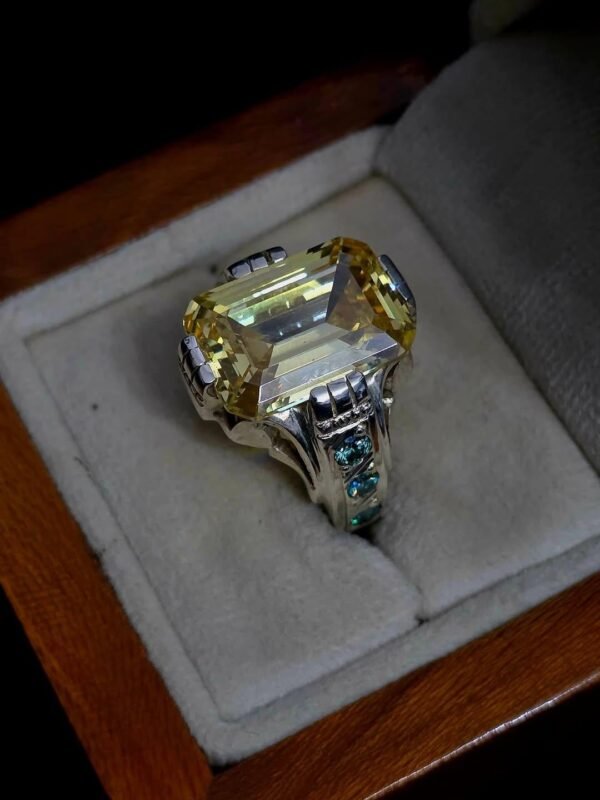 Yellow Zircon Statement Ring: Vintage Sterling Silver, Green Accent Stones