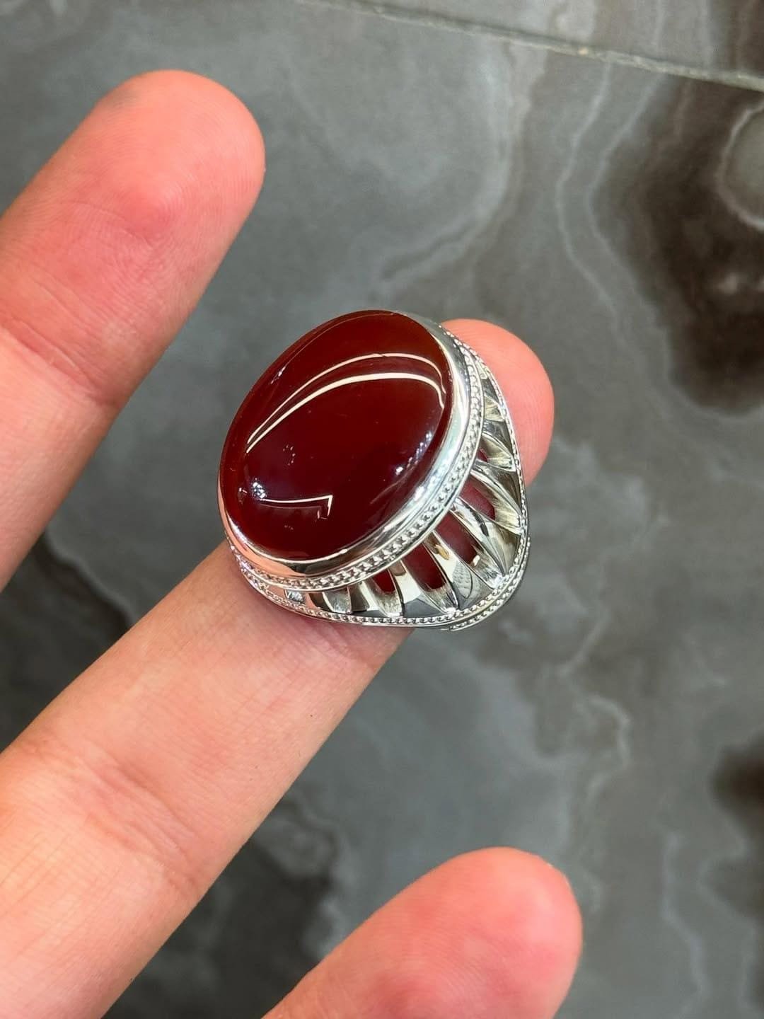 Handmade Red Agate Aqeeq Ring: Sterling Silver Healing Stone