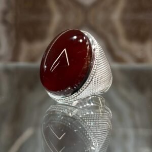 Dark Red Yemeni Agate Ring: Handmade Sterling Silver Mens Jewelry