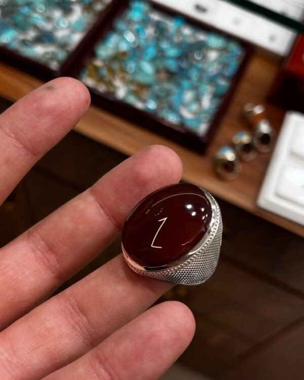 Dark Red Yemeni Agate Ring: Handmade Sterling Silver Mens Jewelry - Image 5