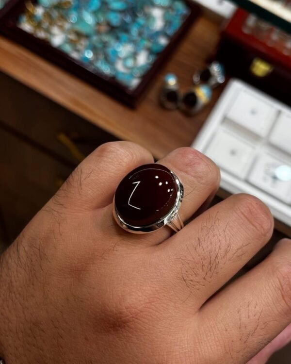 Dark Red Yemeni Aqeeq Agate Ring: Handmade Sterling Silver, Spiritual Gemstone - Image 3
