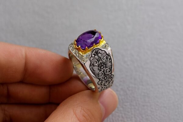 Men's Amethyst Ring: Handmade Sterling Silver Band with Gold Accents - Image 5