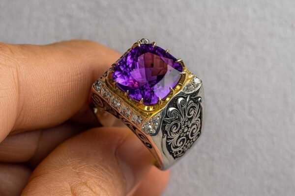 Men's Amethyst Ring: Handmade Sterling Silver Band with Gold Accents - Image 2