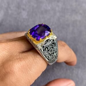 Men's Amethyst Ring: Handmade Sterling Silver Band with Gold Accents