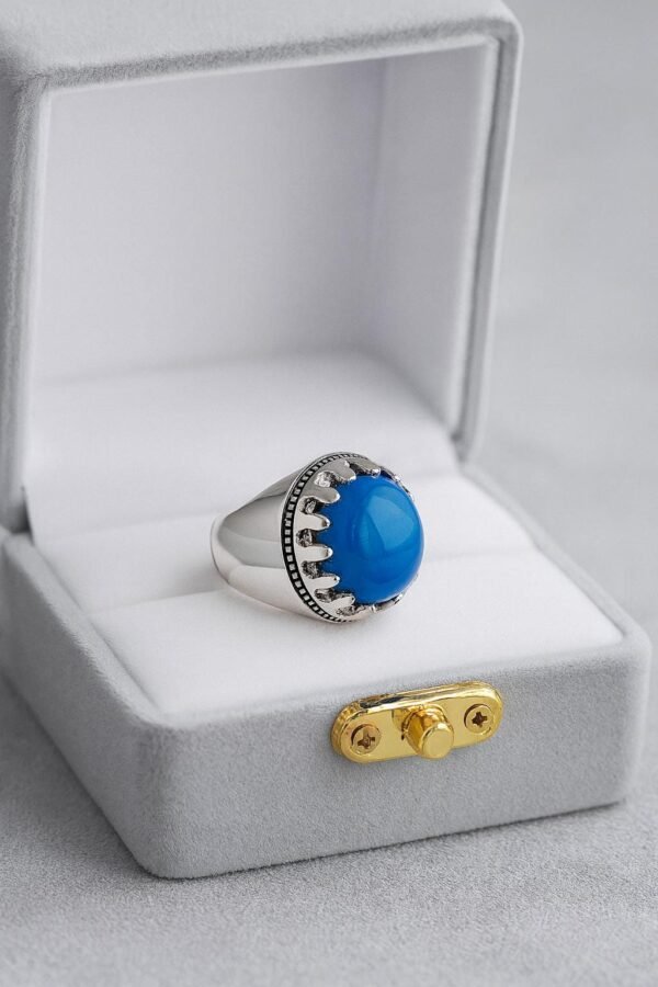 Blue Agate Aqeeq Ring for Men | Natural Gemstone Ring | Silver Plated Handmade Ring | Islamic Aqeeq Stone | Healing Energy Crystal Ring