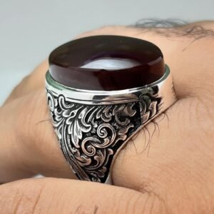 Ottoman Style Aqeeq Stone Ring: 925 Sterling Silver Handmade Mens Ring