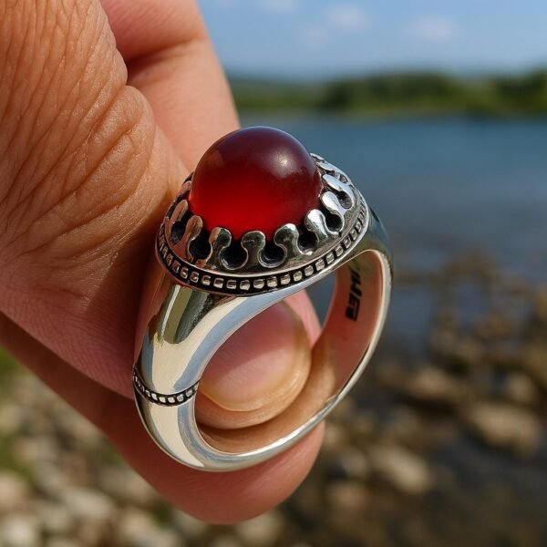 Handmade Sterling Silver Red Agate Ring: Islamic Aqeeq Style - Image 3