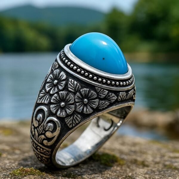 Handmade Sterling Silver Turquoise Ring: Islamic Style Engraved Band - Image 5