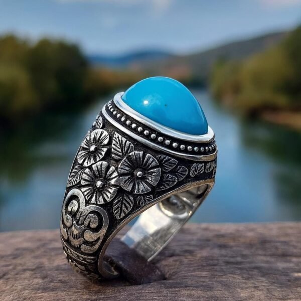 Handmade Sterling Silver Turquoise Ring: Islamic Style Engraved Band - Image 2