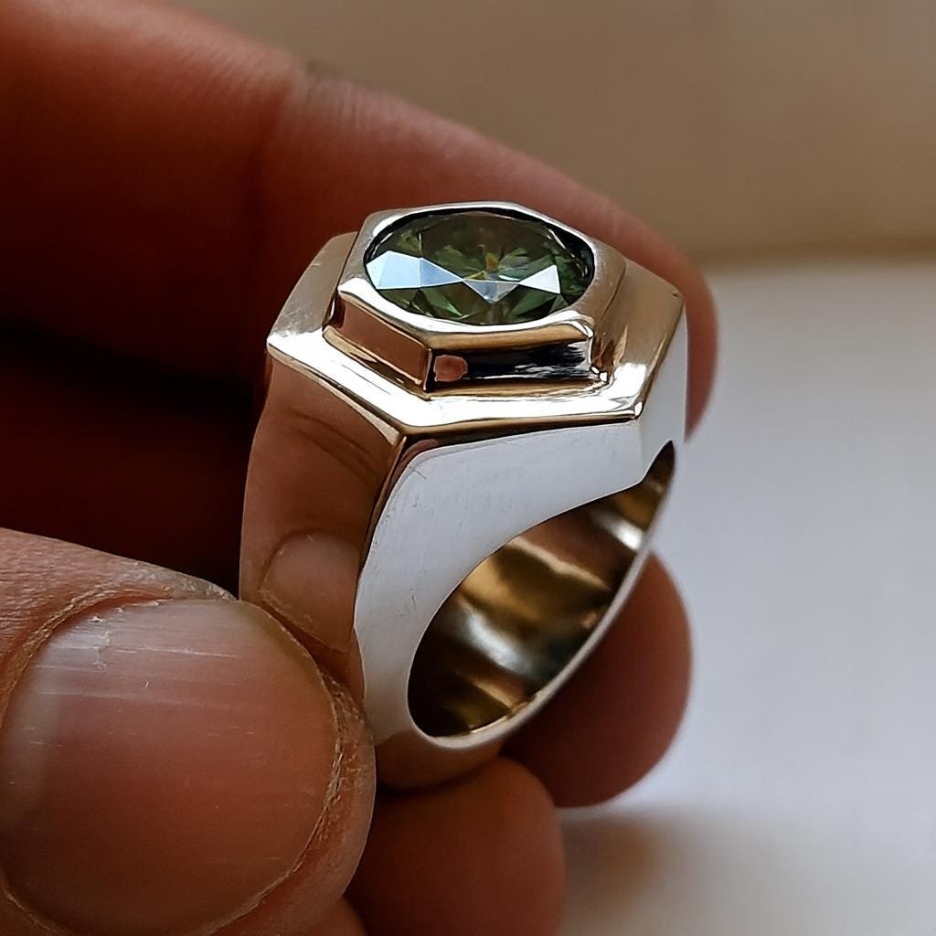 Green Moissanite Ring: Bold Silver Band, Unique Men's Jewelry - Image 4
