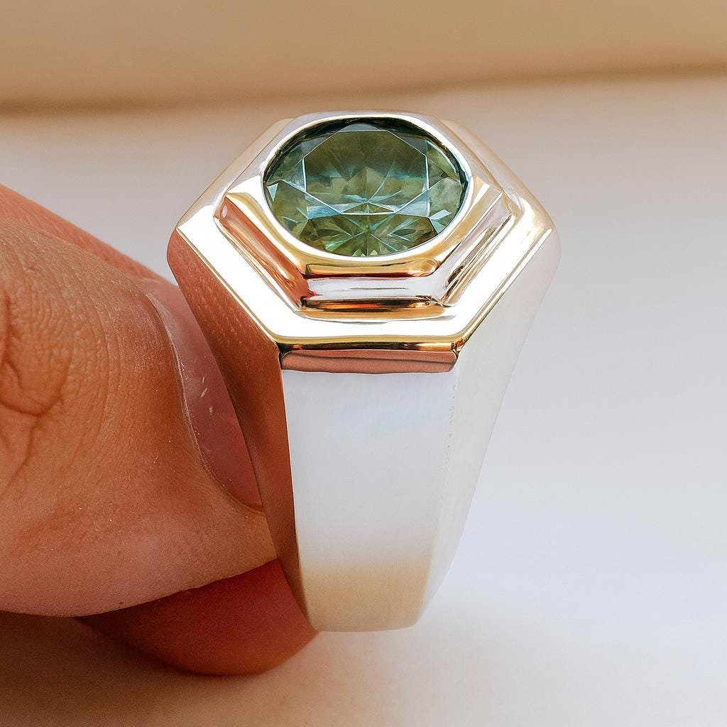 Green Moissanite Ring: Bold Silver Band, Unique Men's Jewelry - Image 3