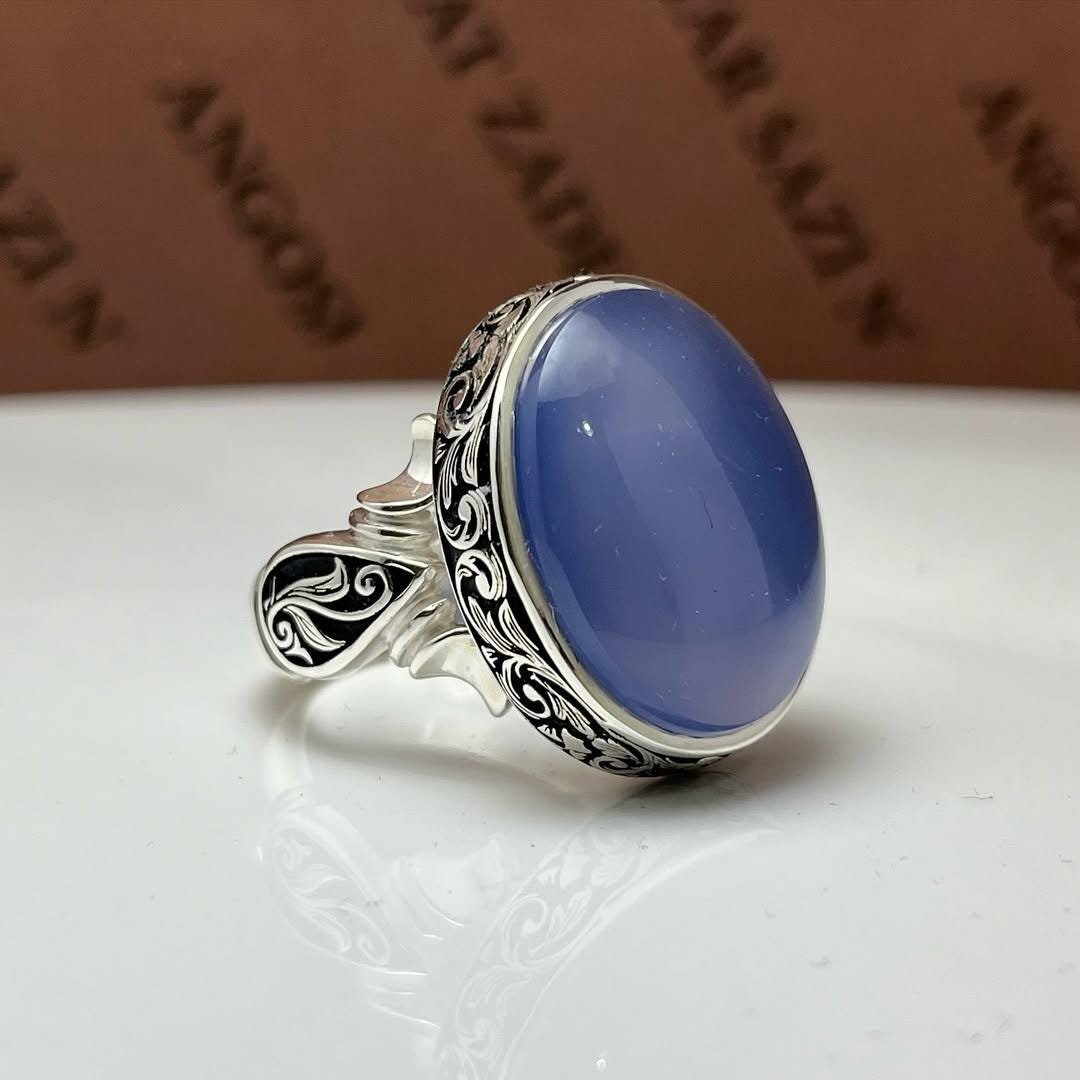 Purple Agate Aqeeq Ring: Sterling Silver Handmade Statement Ring - Image 2