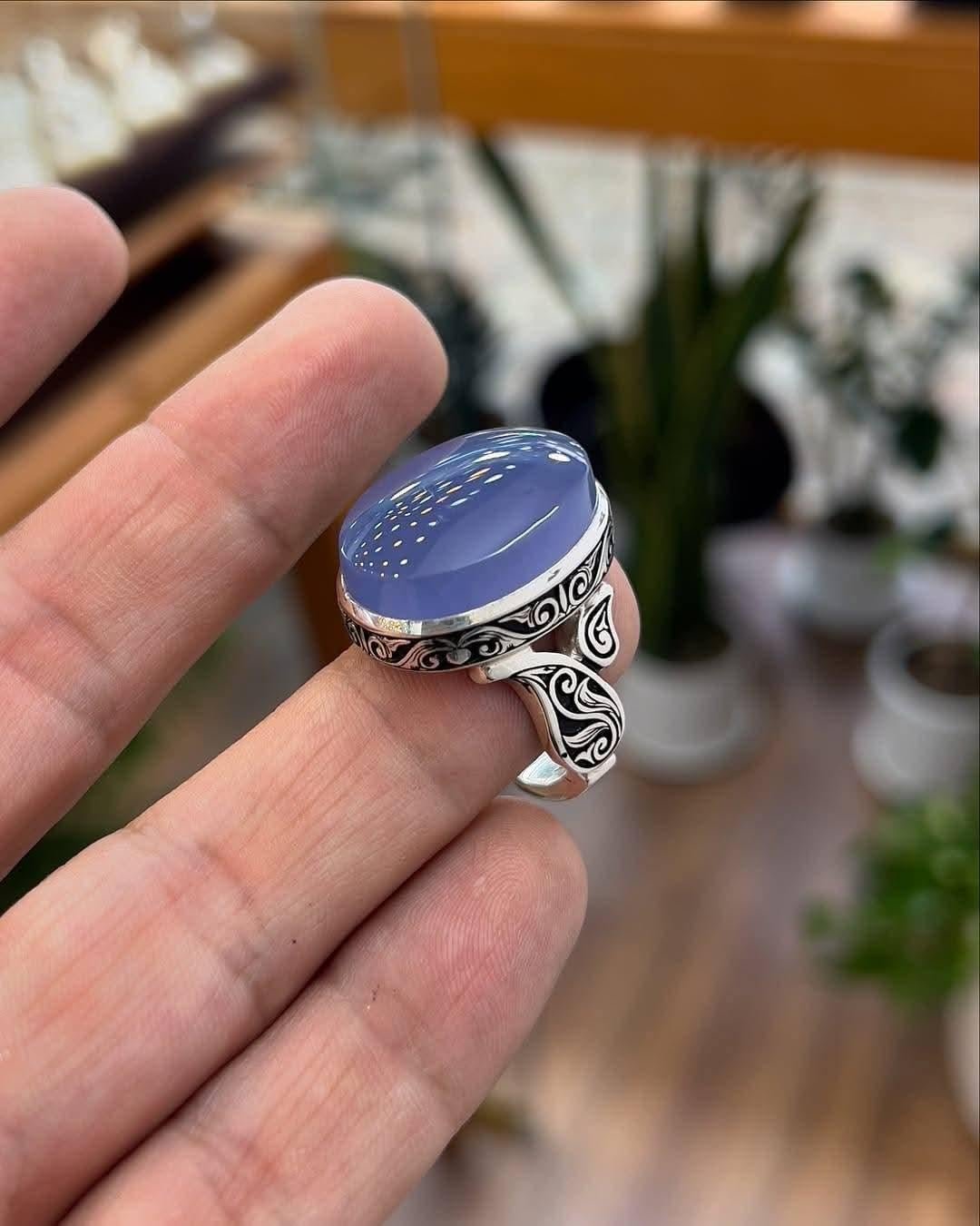 Handcrafted Sterling Silver Purple Onyx Agate Ring Engraved Ring: Floral Band, Elegant Mens Jewelry - Image 3