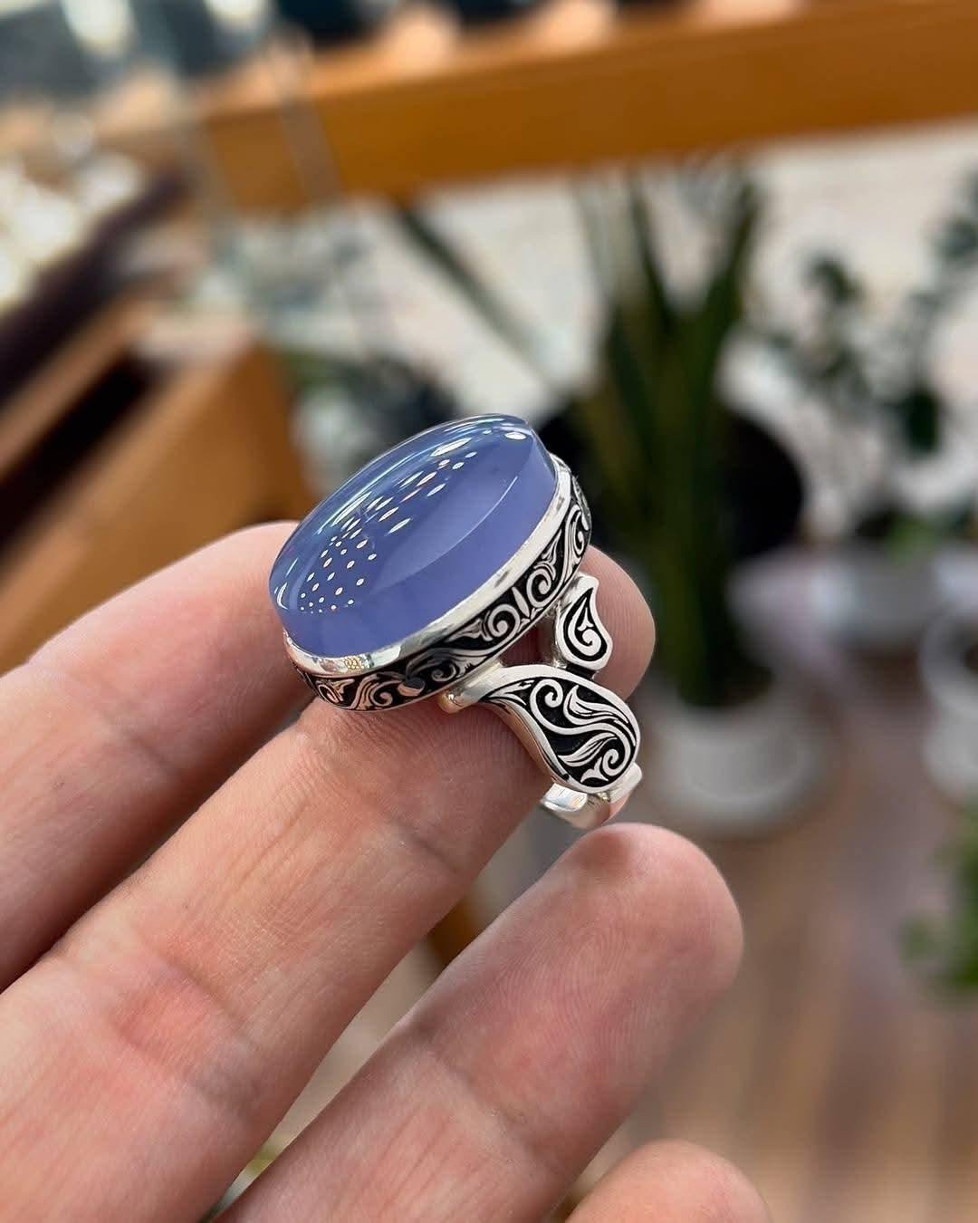 Handcrafted Sterling Silver Purple Onyx Agate Ring Engraved Ring: Floral Band, Elegant Mens Jewelry