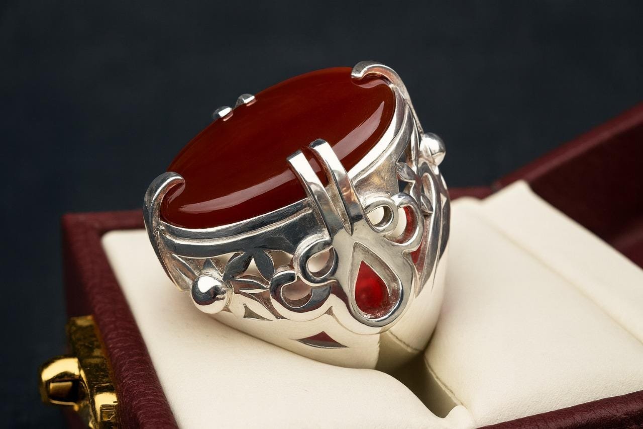 Yemeni Aqeeq Ring: Sterling Silver, Dark Red Carnelian, Handmade Islamic Jewelry - Image 3