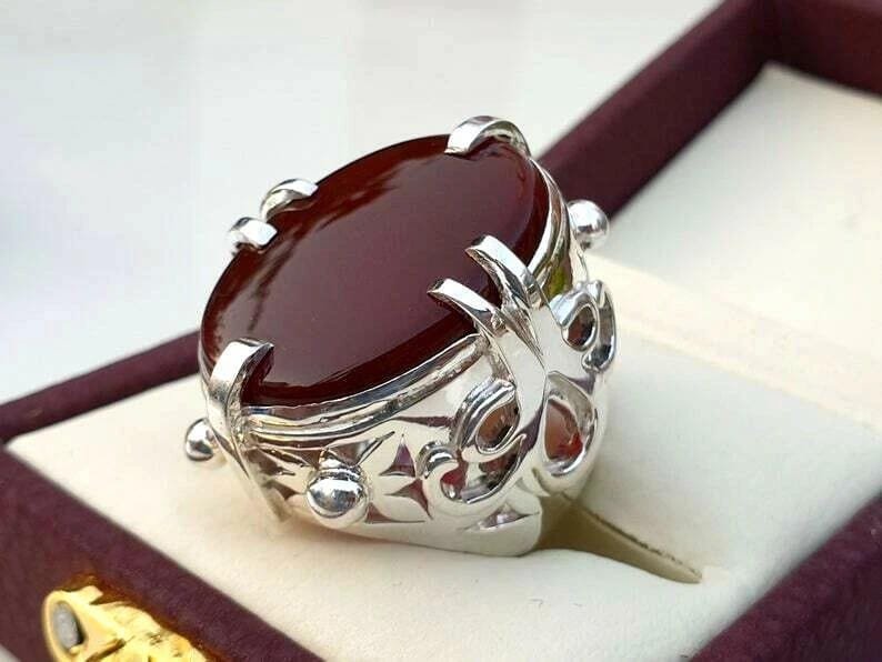 Yemeni Aqeeq Ring: Sterling Silver, Dark Red Carnelian, Handmade Islamic Jewelry - Image 8