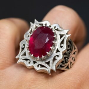Natural Ruby Mens Ring: Engraved rings Vintage 925 Sterling Silver, Oval Gemstone, Islamic rings