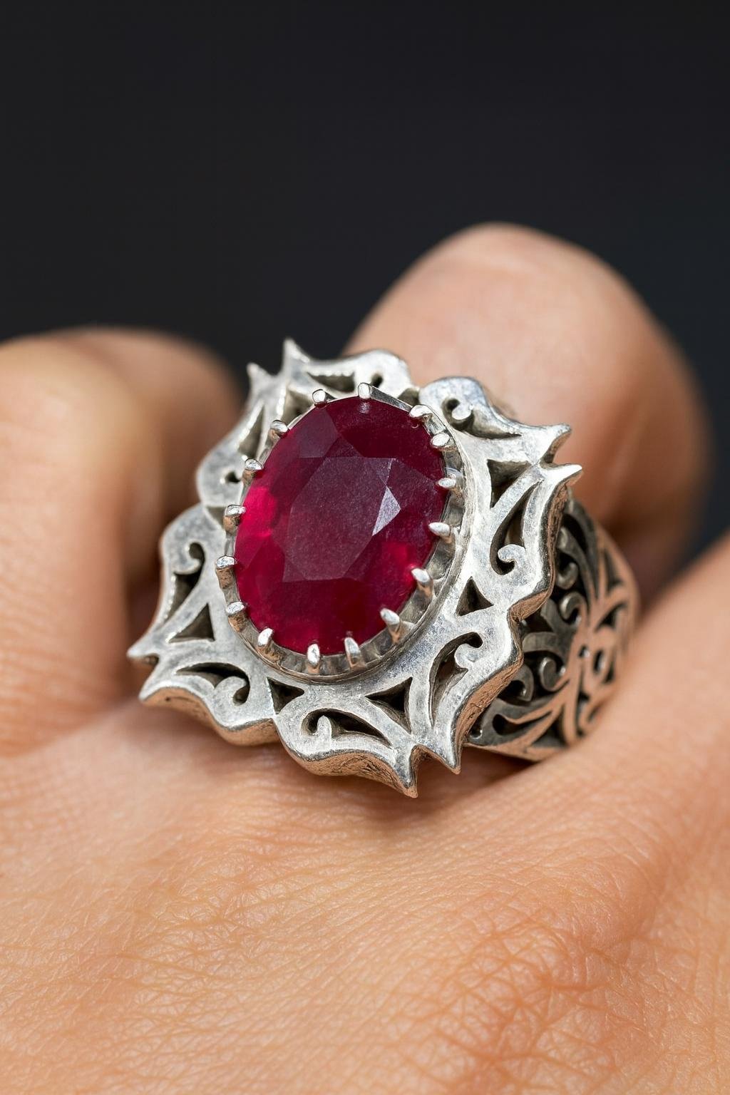 Natural Ruby Mens Ring: Engraved rings Vintage 925 Sterling Silver, Oval Gemstone, Islamic rings