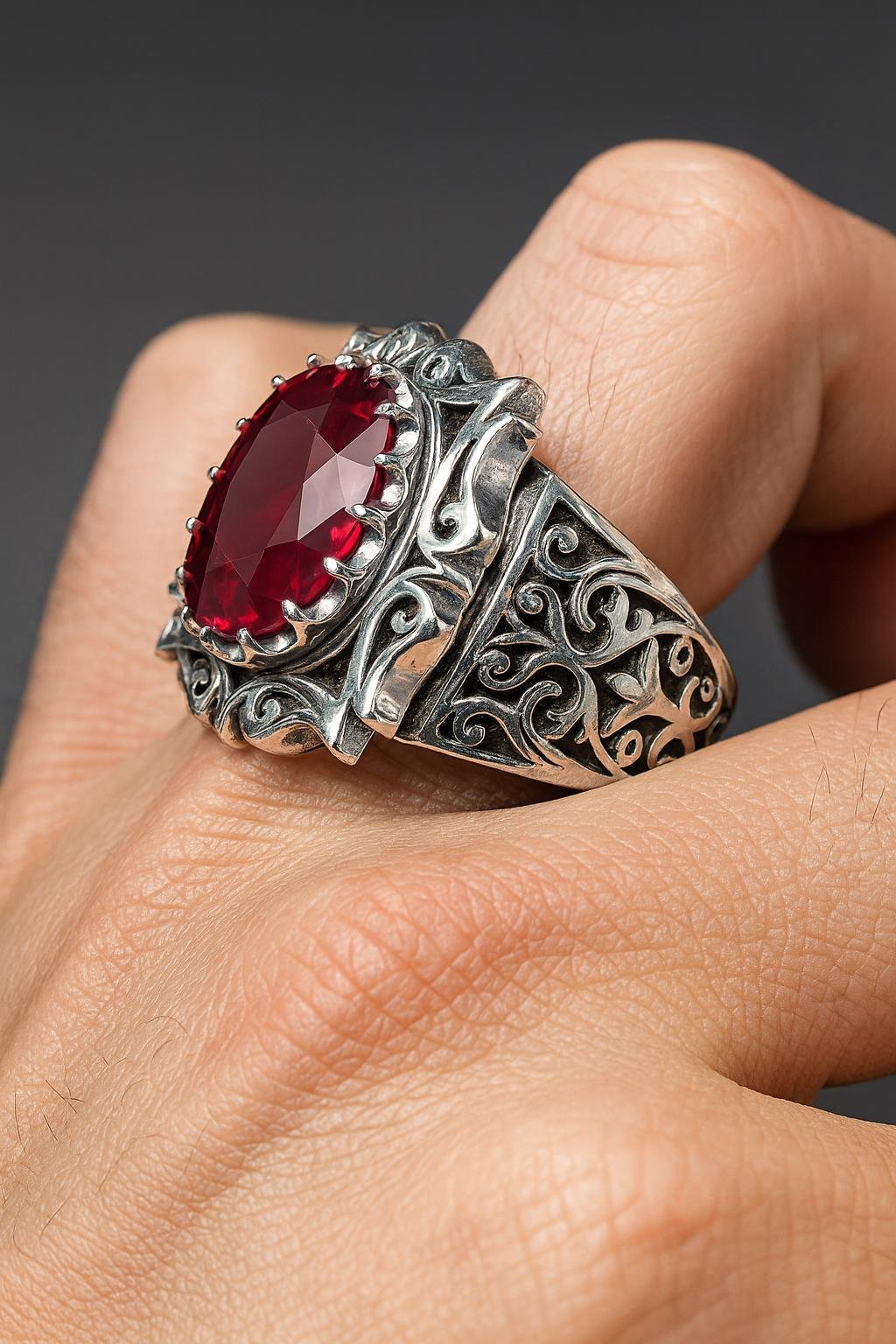 Natural Ruby Mens Ring: Engraved rings Vintage 925 Sterling Silver, Oval Gemstone, Islamic rings - Image 3