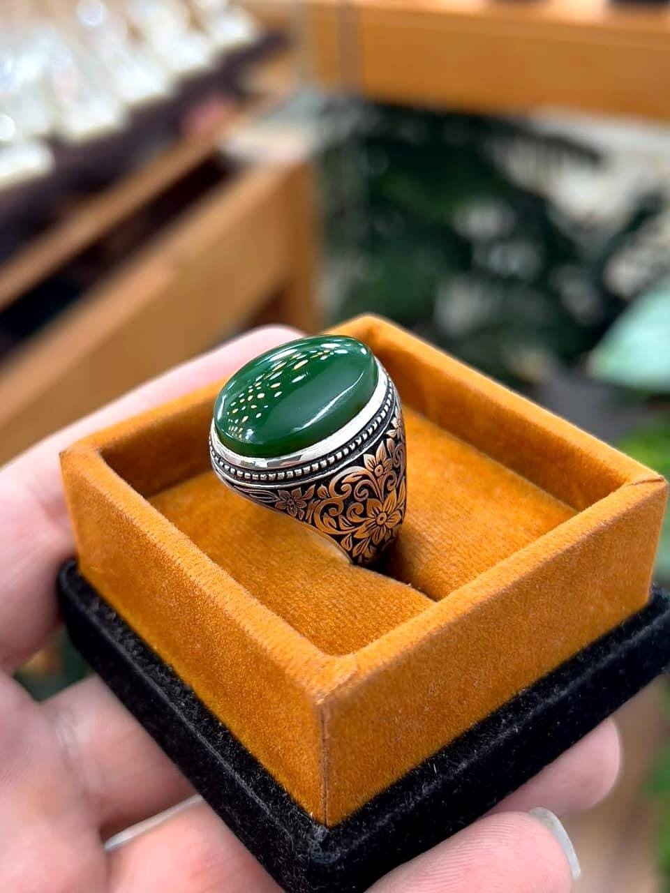 Handmade Sterling Silver Green Jade Ring: Engraved Vintage Boho Style