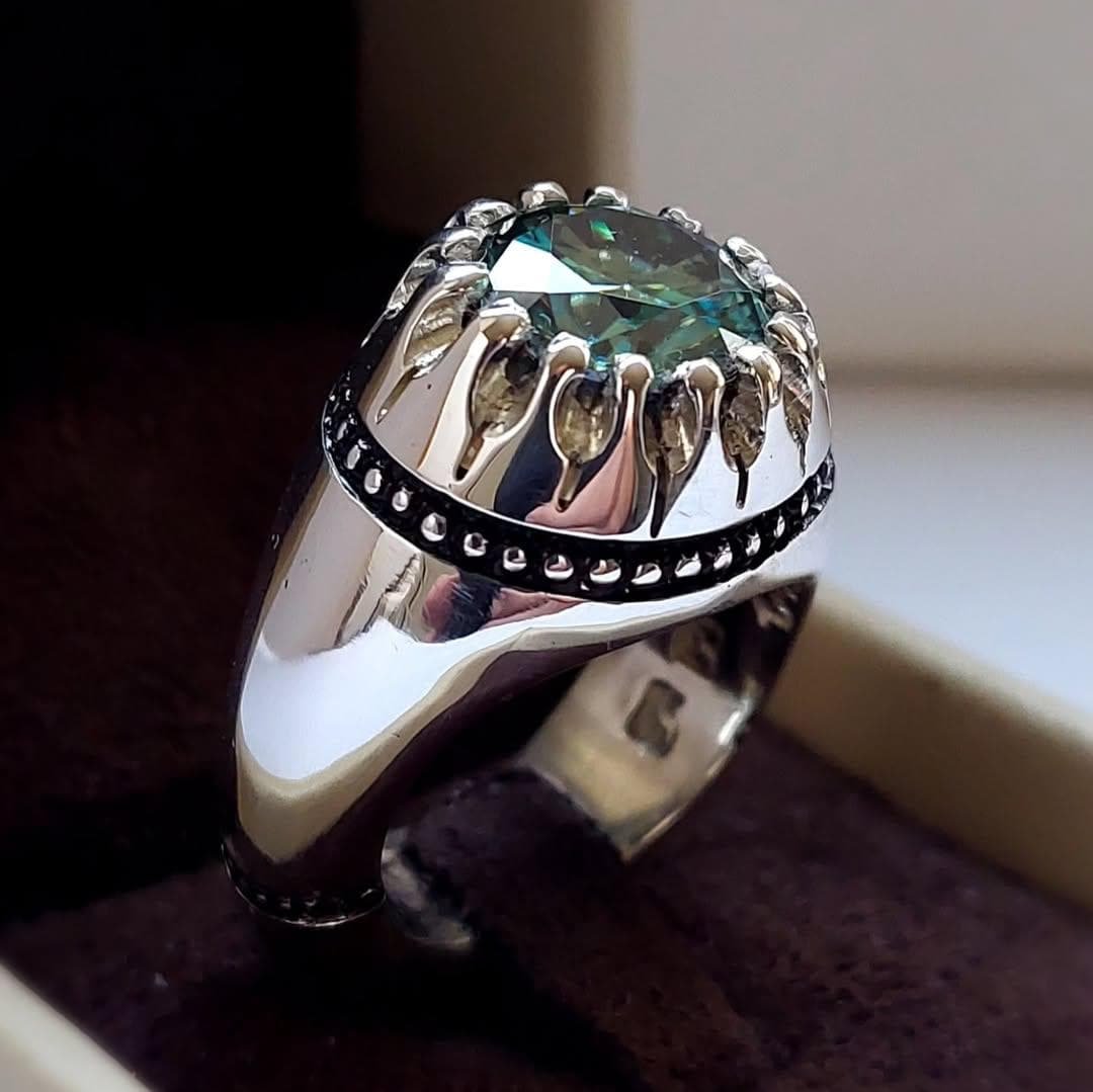 Handcrafted Men’s Green Moissanite Ring – Oxidized Sterling Silver - Image 2