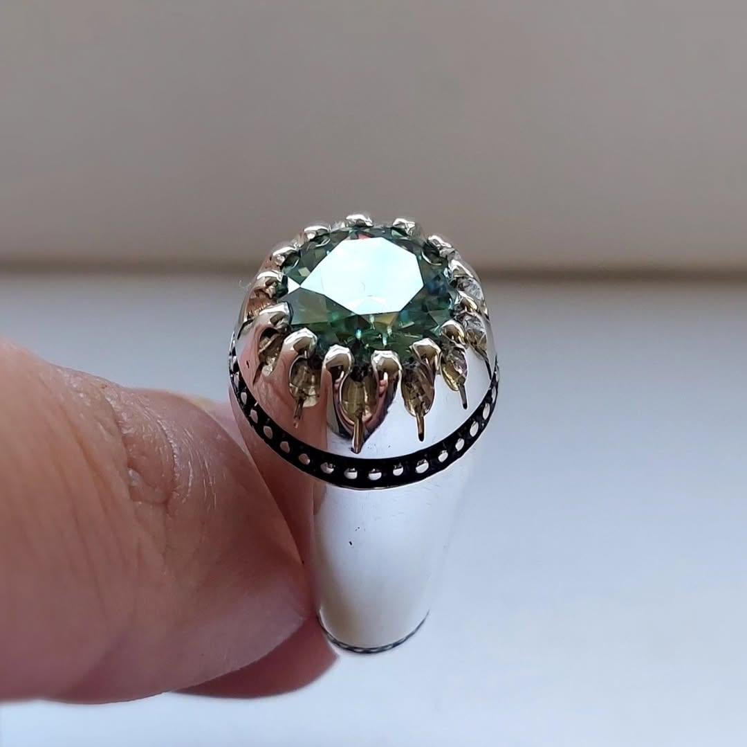 Handcrafted Men’s Green Moissanite Ring – Oxidized Sterling Silver - Image 6