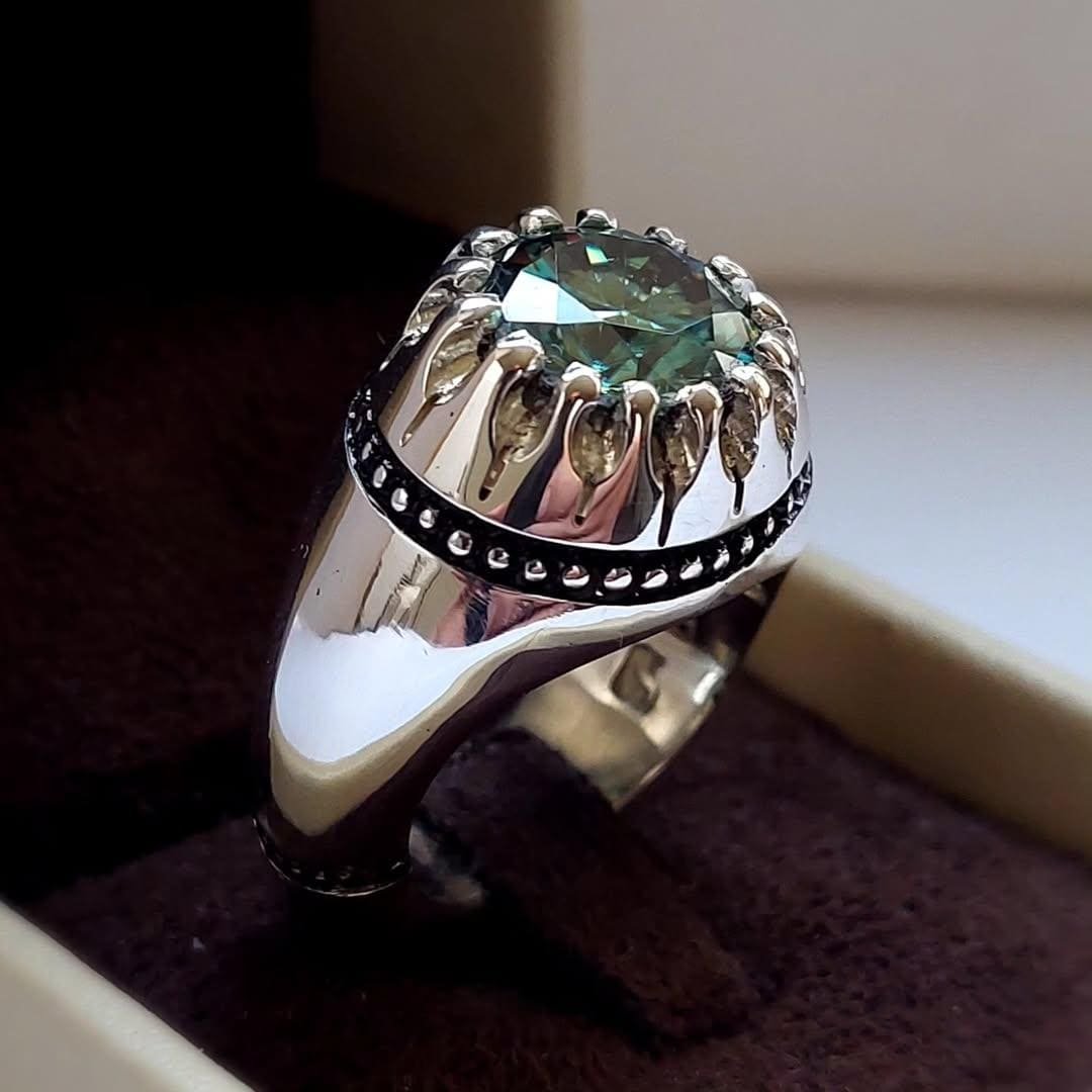Handcrafted Men’s Green Moissanite Ring – Oxidized Sterling Silver - Image 5