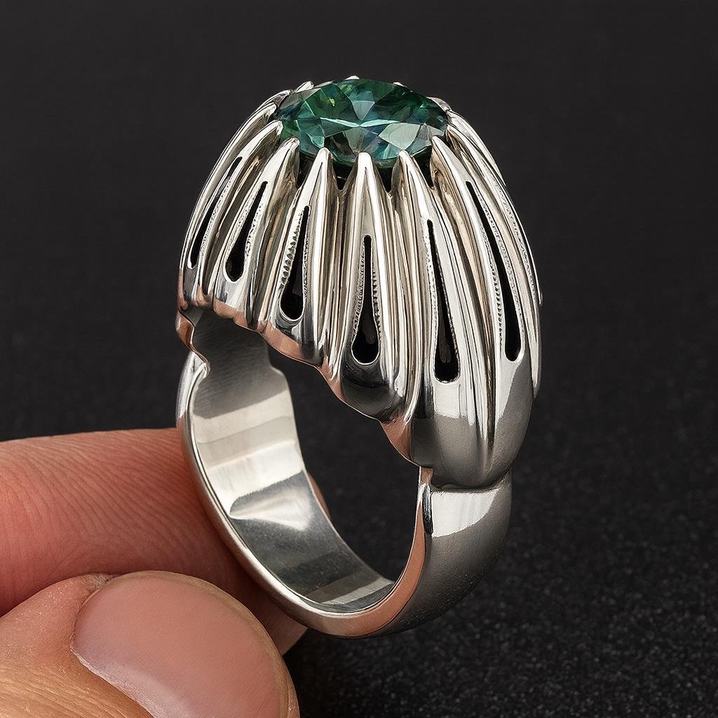 Men's Sterling Silver Green Moissanite Statement Ring: Vintage Cocktail Style - Image 3