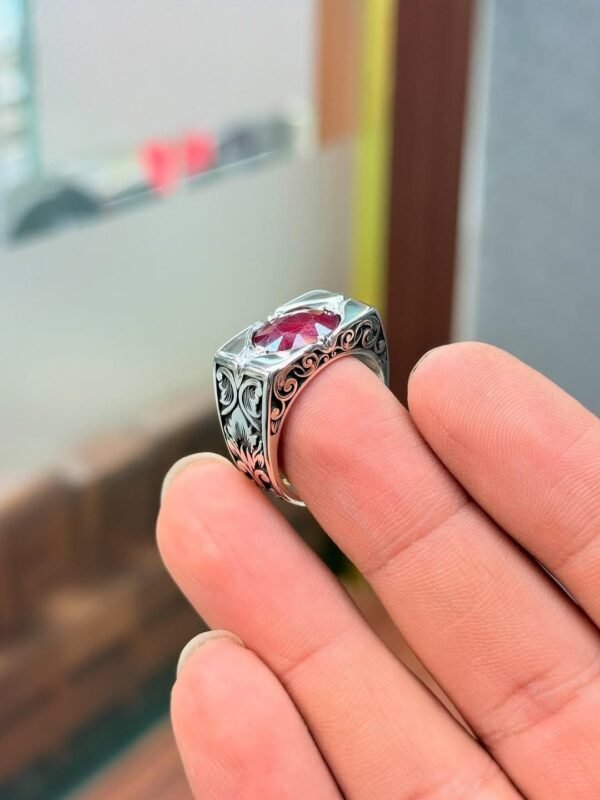 Handmade Silver Ring with Red Ruby Gemstone: Vintage Unisex Statement - Image 2