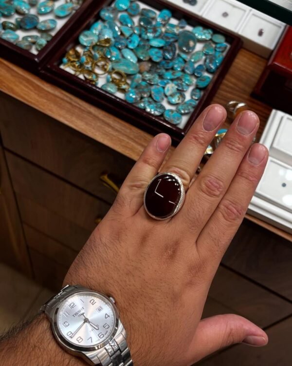 Dark Red Yemeni Agate Ring: Handmade Sterling Silver Mens Jewelry - Image 3