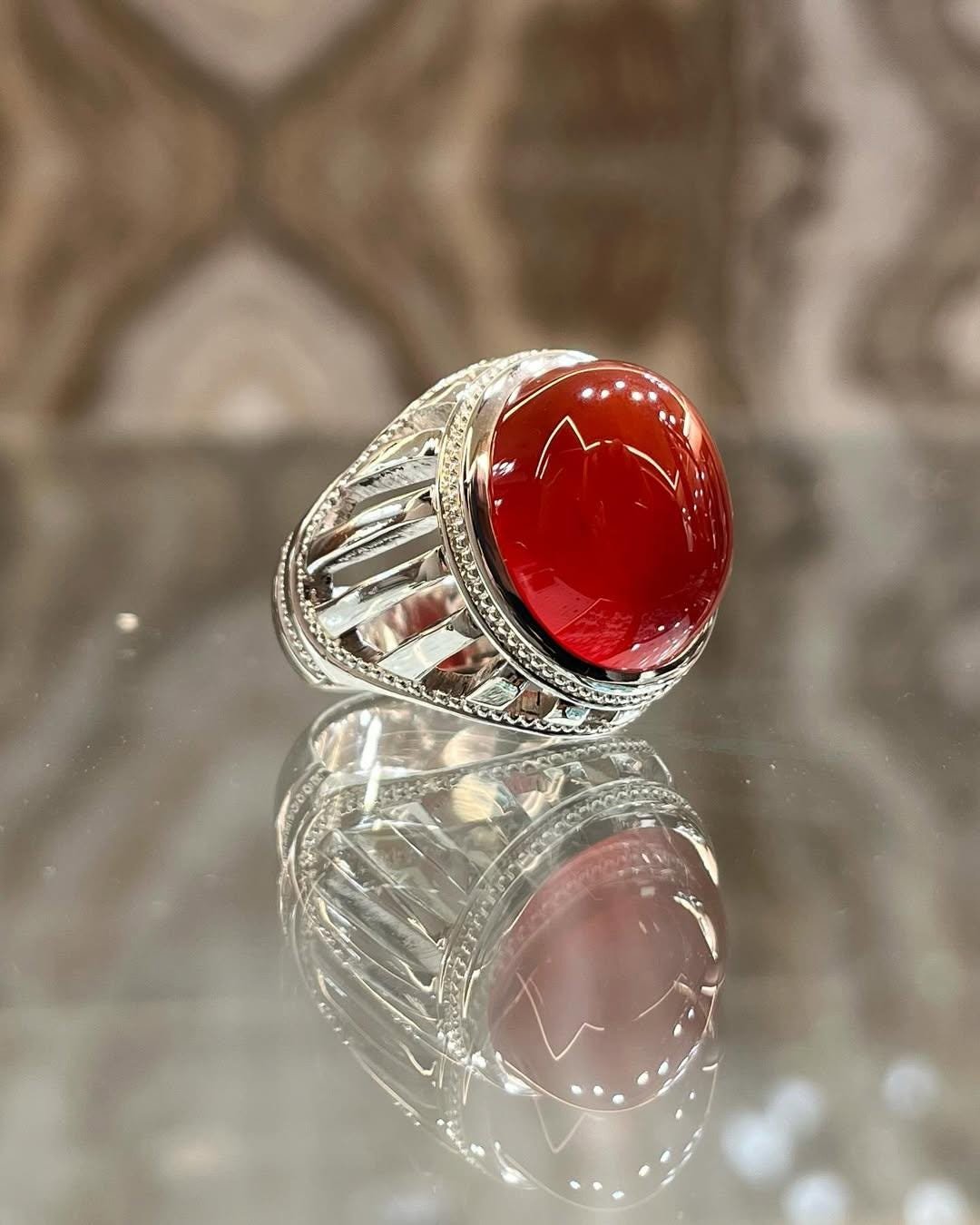 Red Yemeni Aqeeq Agate Ring: Handmade Sterling Silver Oval Statement
