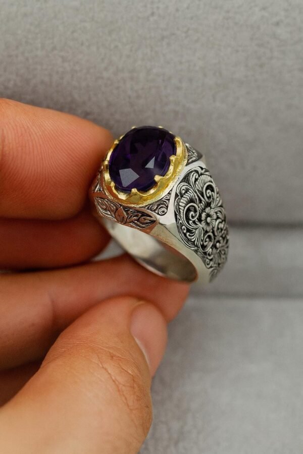 Men's Amethyst Ring: Handmade Sterling Silver Band with Gold Accents - Image 4